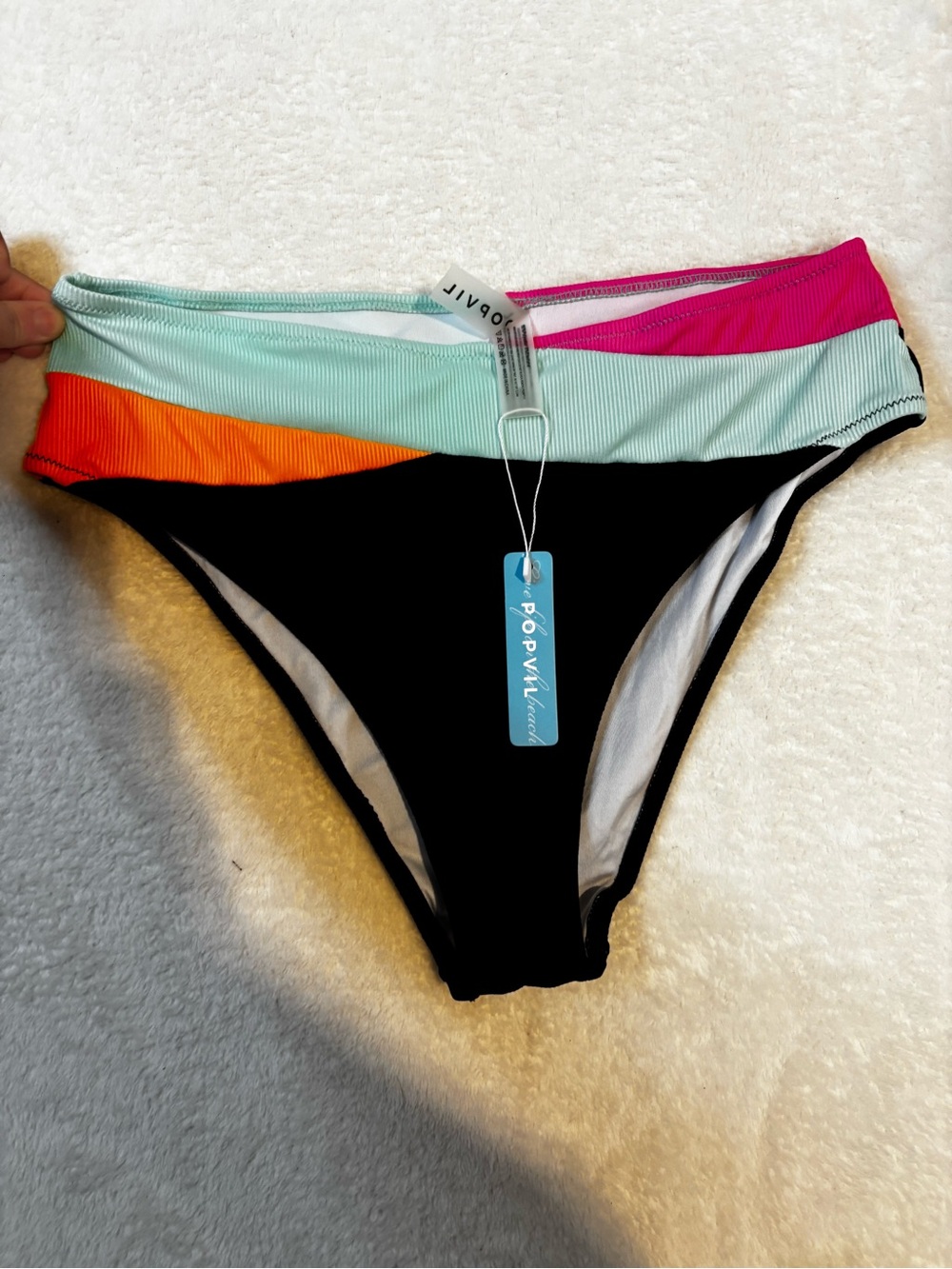 Popvil Colorblock High-Cut Bikini Bottom BlackMint Pink Orange Size Large  NWT
